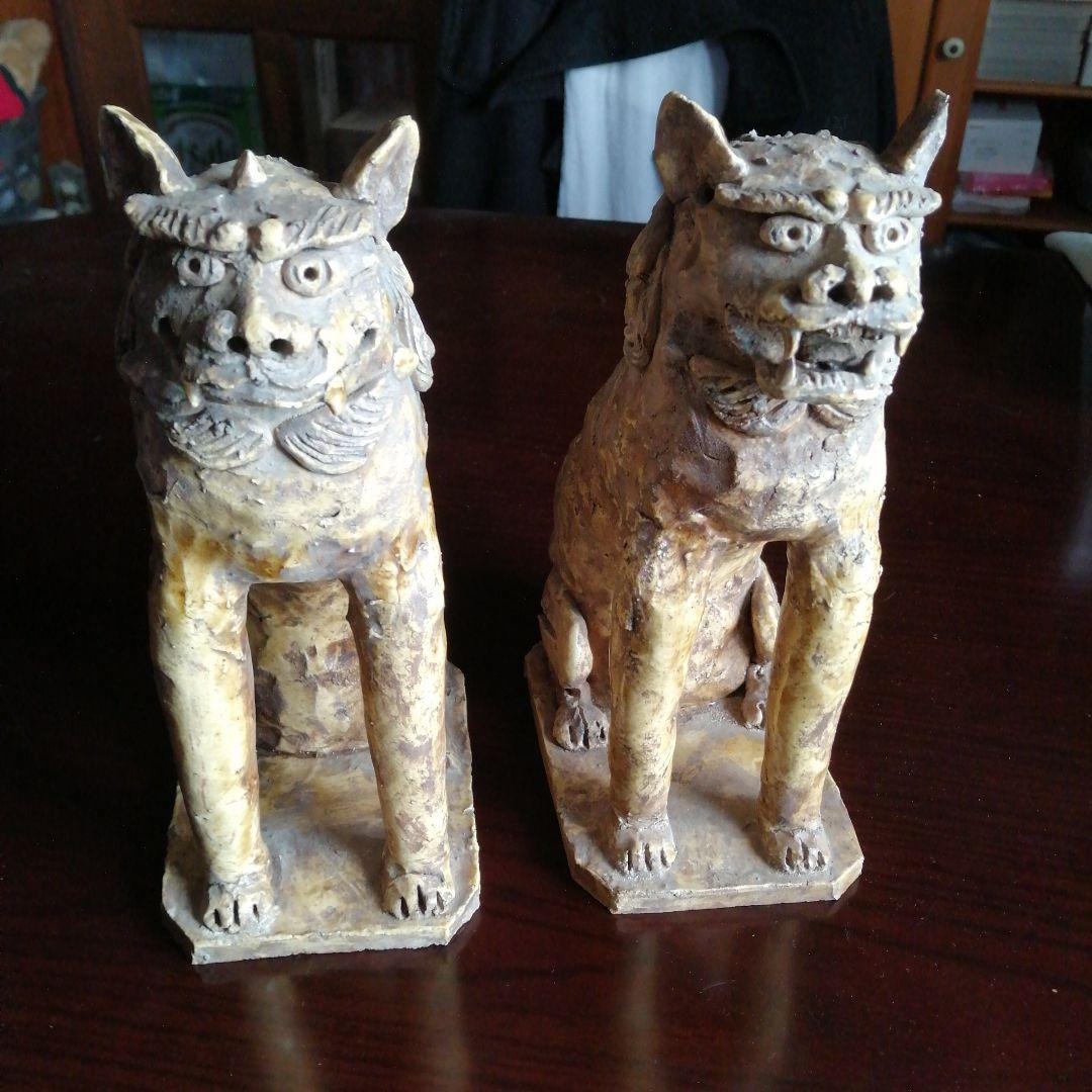 瀬戸焼　黄瀬戸狛犬　25cm　江戸初期～後期