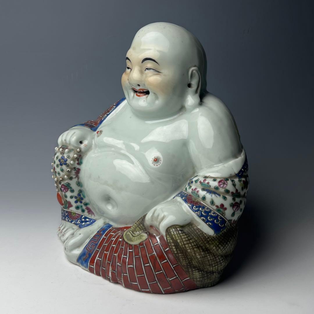 優美 粉彩布袋 江西景徳 朱茂記造 底款 色絵 布袋像 座布団付 仏教中国美術
