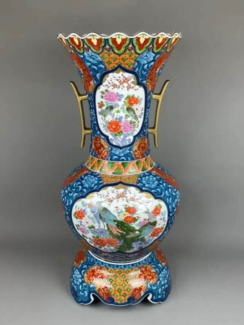 有田焼銘工 藤井勝雲 極上 染錦 花鳥図花瓶 金箔 金彩色絵 双耳 飾壷 置物