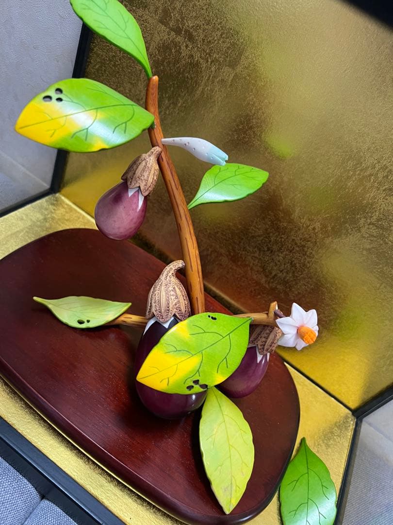 小針春水 茄子 色彩 彩色 極上 細密 彫刻 置物 縁起物