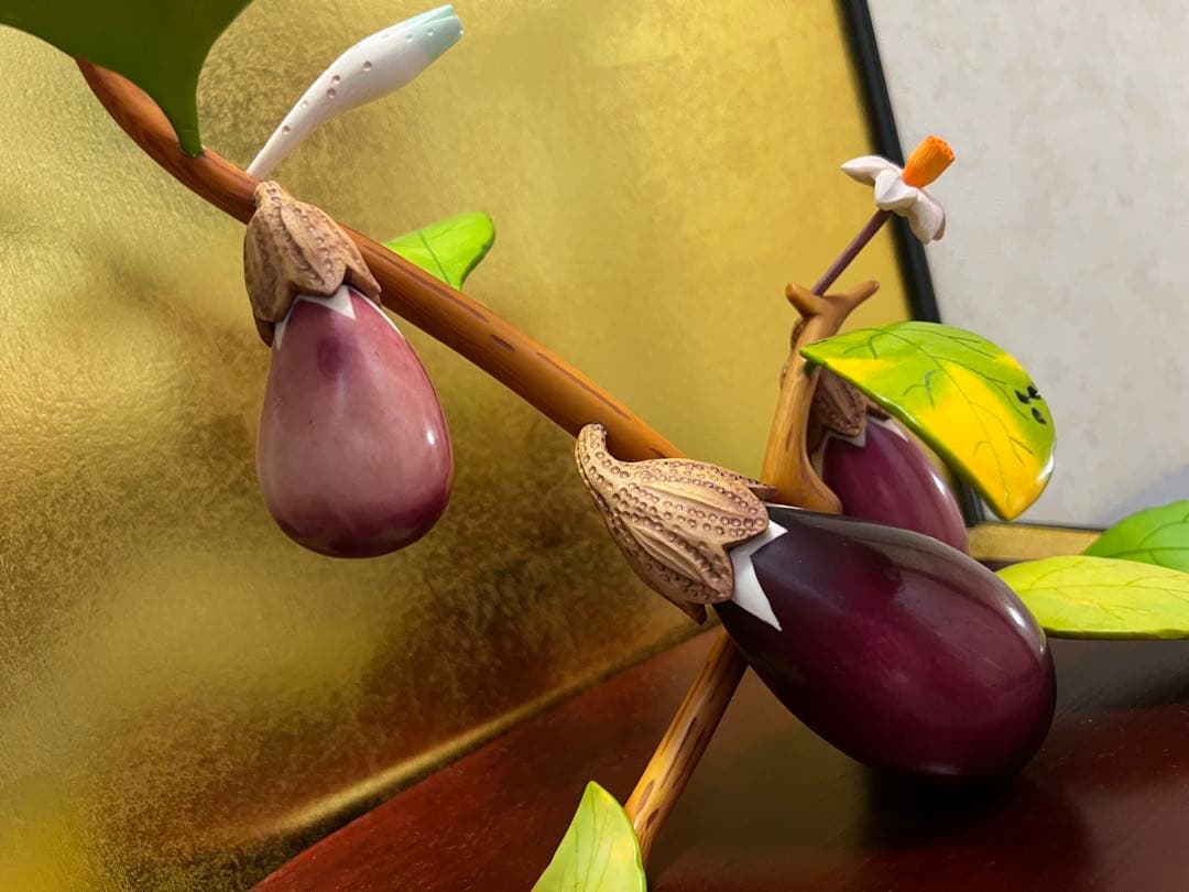小針春水 茄子 色彩 彩色 極上 細密 彫刻 置物 縁起物