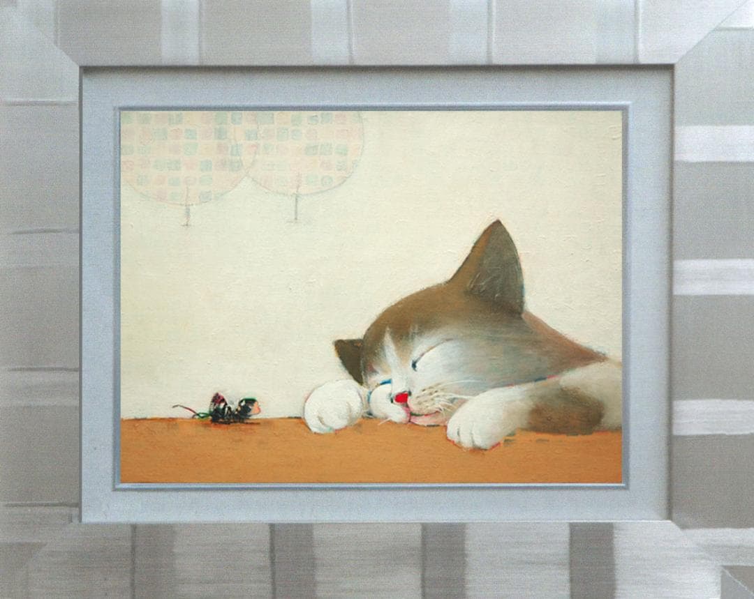 油絵 菅家令子 絵 絵画インテリア 額付(黒) F4-072019 猫と女の子蟻