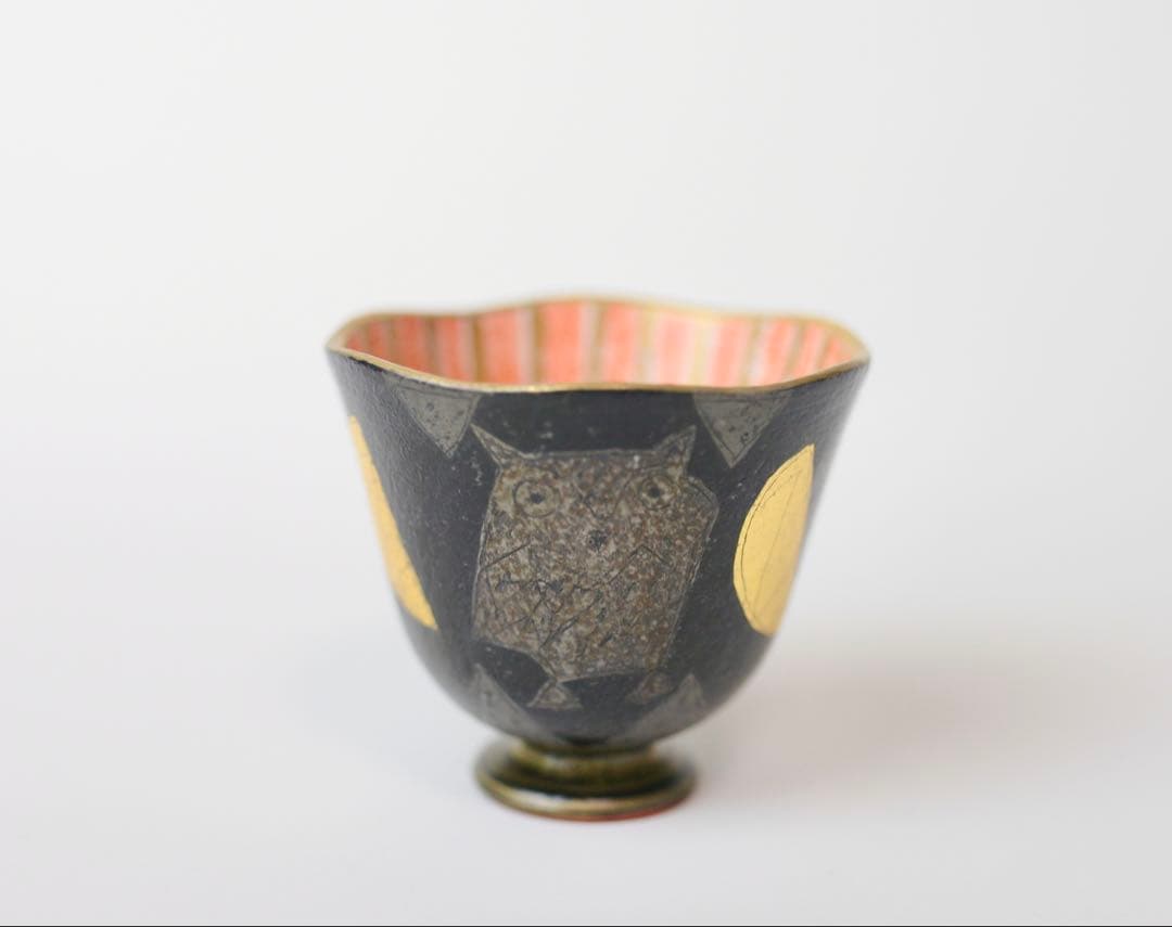 前田正博　色絵梟絵 陶芸 ぐい呑み 茶碗