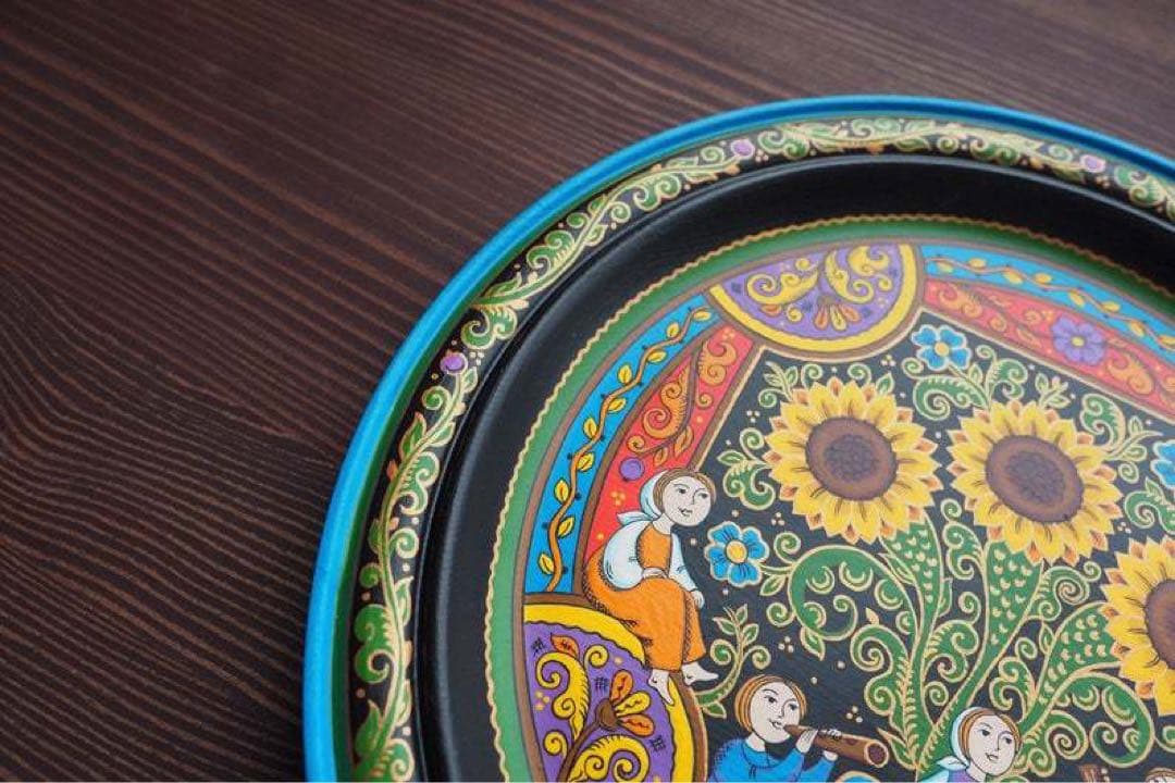 ロシア雑貨☆ヒマワリの飾り皿 直径25cm 壁掛け飾り オリガ作 マトリョーシカ