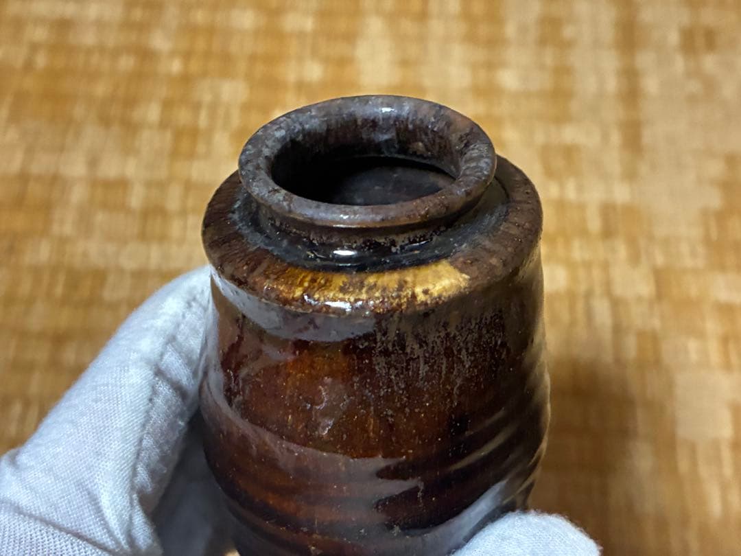 古陶器 飴釉 円筒形 茶入 木箱入 印あり 煎茶道具