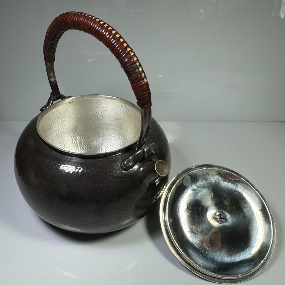 純銀製 羽田花押 寶珠 薬缶 貴石摘 銀瓶 煎茶道具 湯沸 美術品 純銀保証