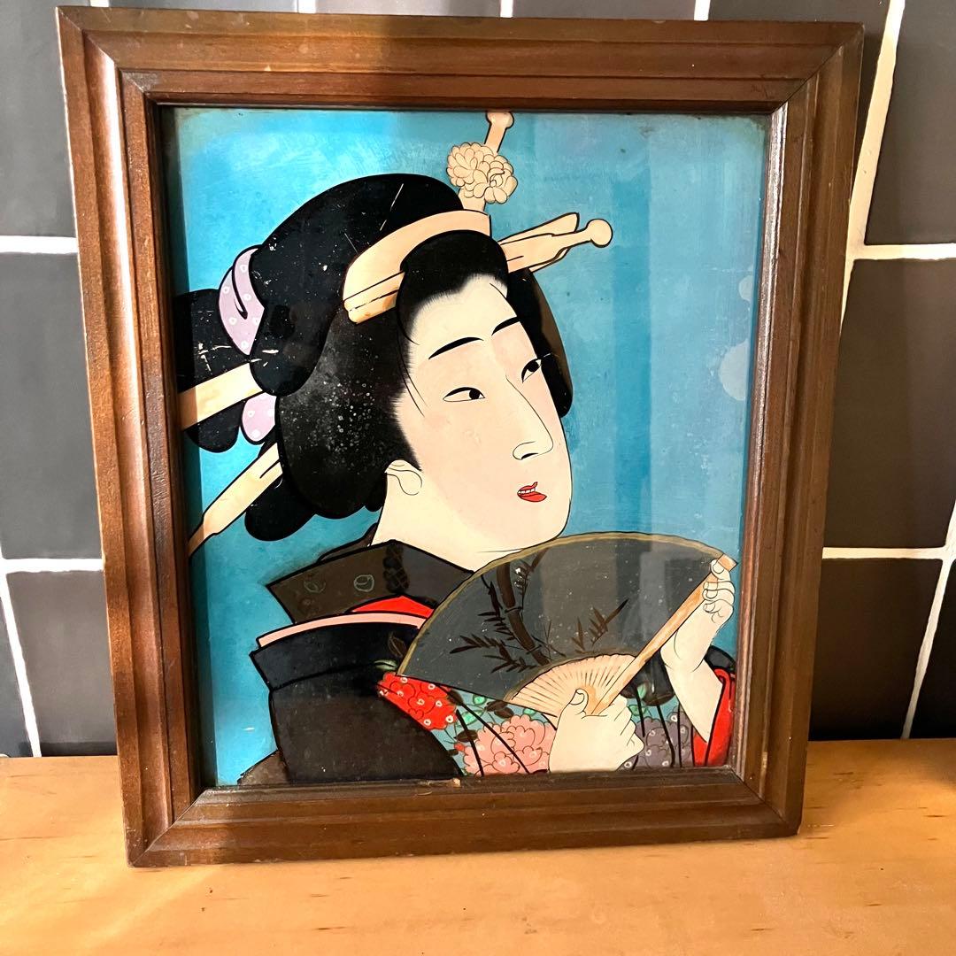 希少！【明治時代ガラス絵】美人図 手描き　古美術　骨董