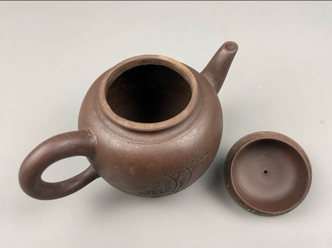 中国美術 朱泥急須 漢詩山水紋刻 後手急須 煎茶道具 紫砂壷 茶器 中國古玩