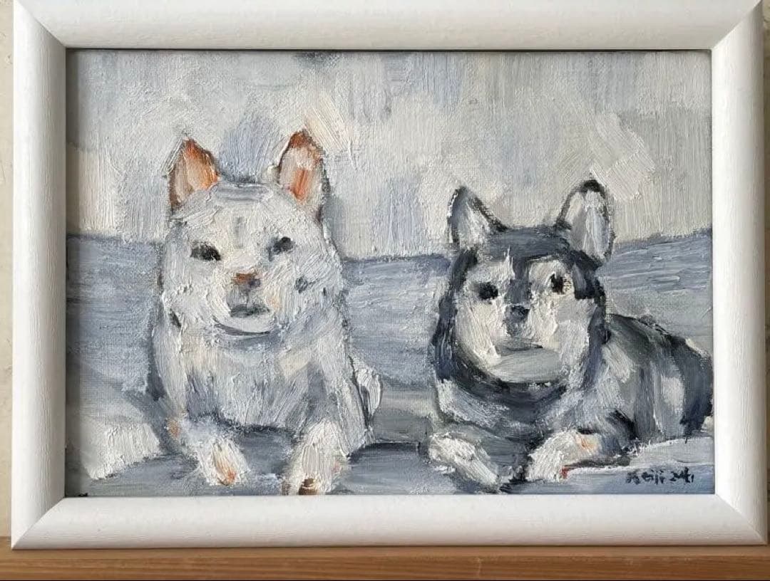 寄り添う時間｜犬2匹の油彩画・原画・額付き