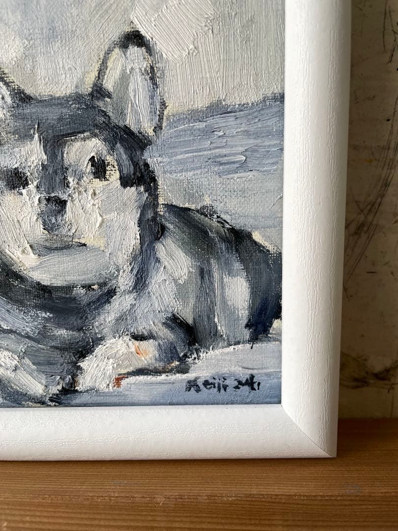 寄り添う時間｜犬2匹の油彩画・原画・額付き