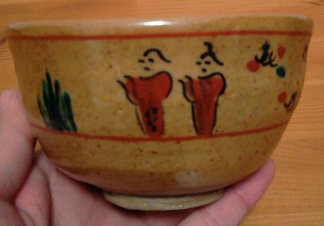 尾西楽斎作　赤膚焼　奈良絵　茶碗　共箱　共布　略歴付　茶道具