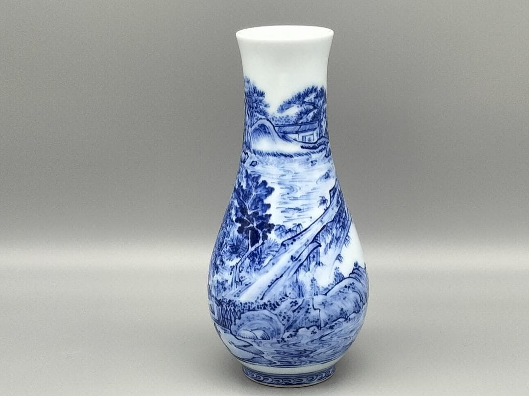 無形文化財 13代玉泉作 染付山水文尺立　共箱 茶道具 三川内焼
