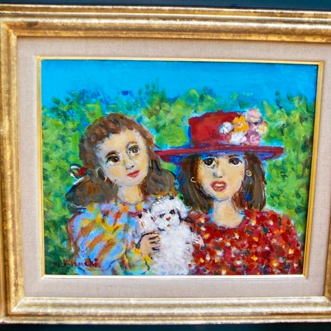 絵画　油絵　油彩画　菊地正則　F3号　「仲良し二人」美品　額付き　サイン　アート