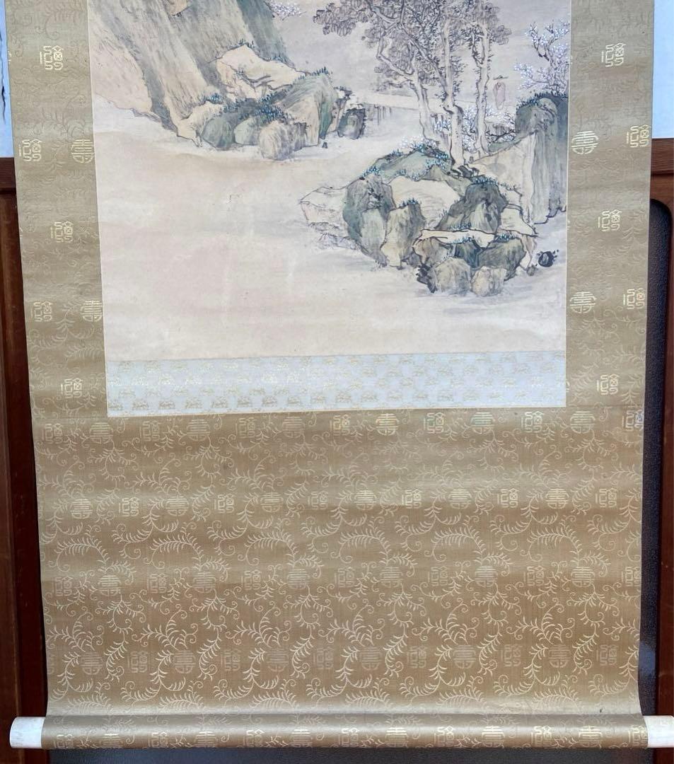 与謝蕪村筆青緑山水の図掛軸 絹本