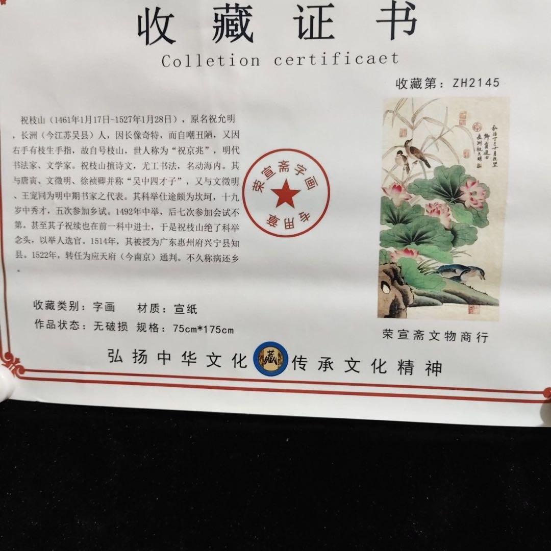 祝允明 花鳥画 掛け軸 中堂 蓮・芙蓉図 宣紙 表装済 サイズ：180×70cm