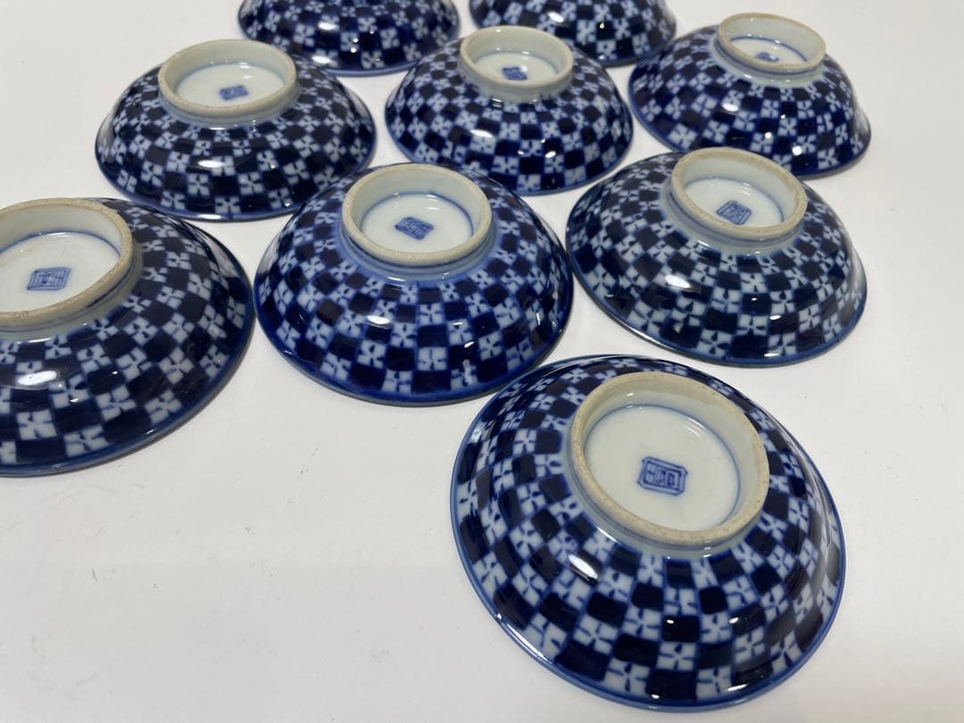 【現状品】古伊万里 青 染付 蓋付飯碗9客 レトロ アンティーク