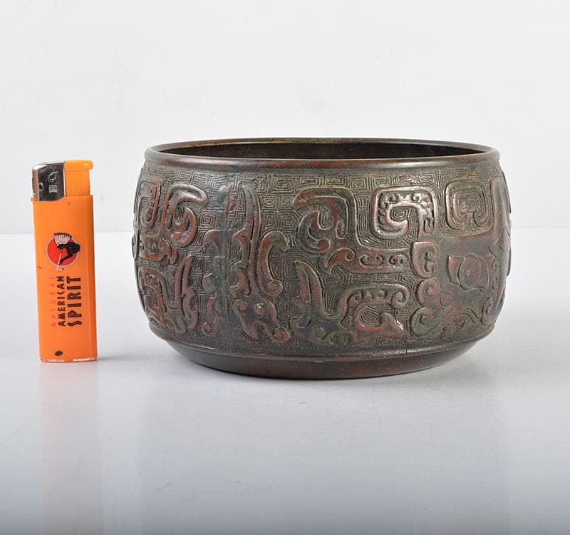 中国　古銅宣徳銅　斑紫銅饕餮文　建水　茶こぼし　時代箱　D　R4620