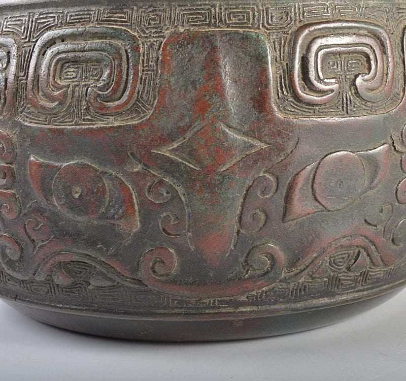 中国　古銅宣徳銅　斑紫銅饕餮文　建水　茶こぼし　時代箱　D　R4620