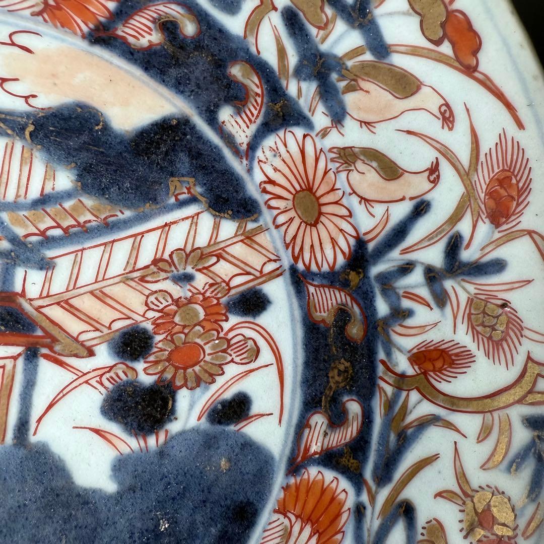 元禄伊万里　色絵花鳥図七寸皿　建築物　金蘭手　赤絵　裏椿文　状態◎　蒐集家旧蔵品