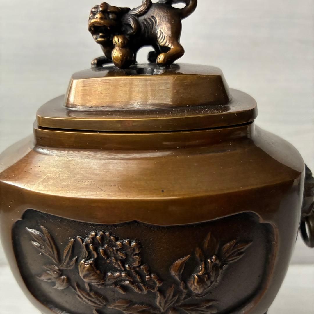 香炉　青銅製　獅子　孔雀　三足　高岡銅器　瑞峰作　茶道具　香道具　お香付き