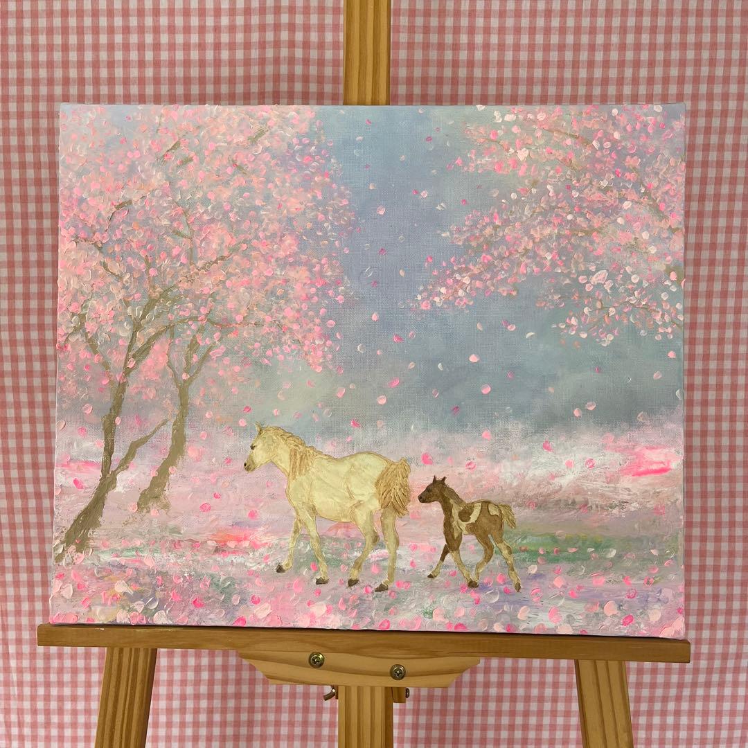 馬　馬の絵 桜 花の絵 テクスチャーアート さくら