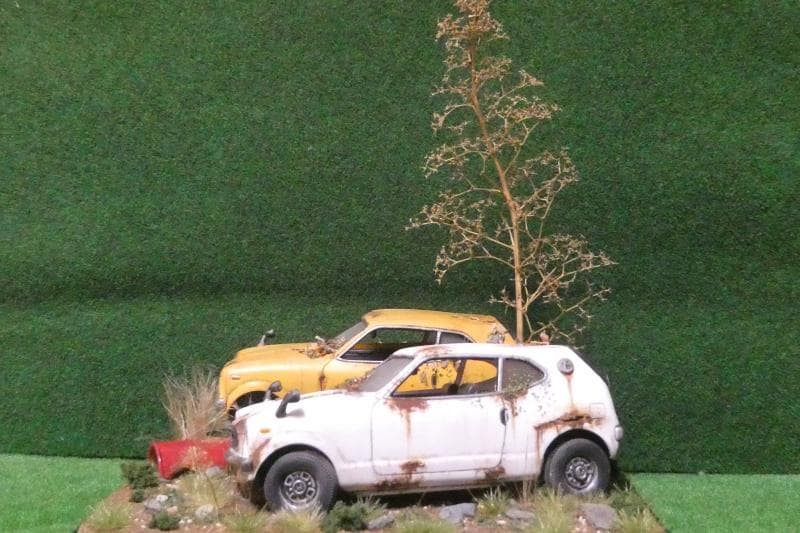 1/32 ホンダ Z GT・GSS 昭和レトロ風景 ジオラマ完成品 錆汚し加工