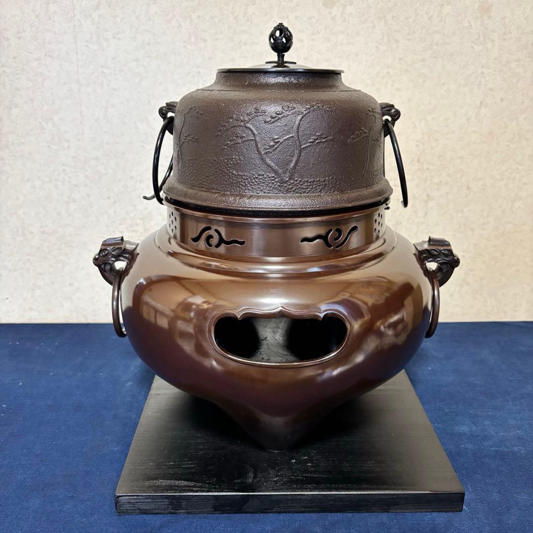風炉/茶釜/電熱器/唐銅鬼面風炉/野々田製電熱器/敷板/茶道具/お点前道具