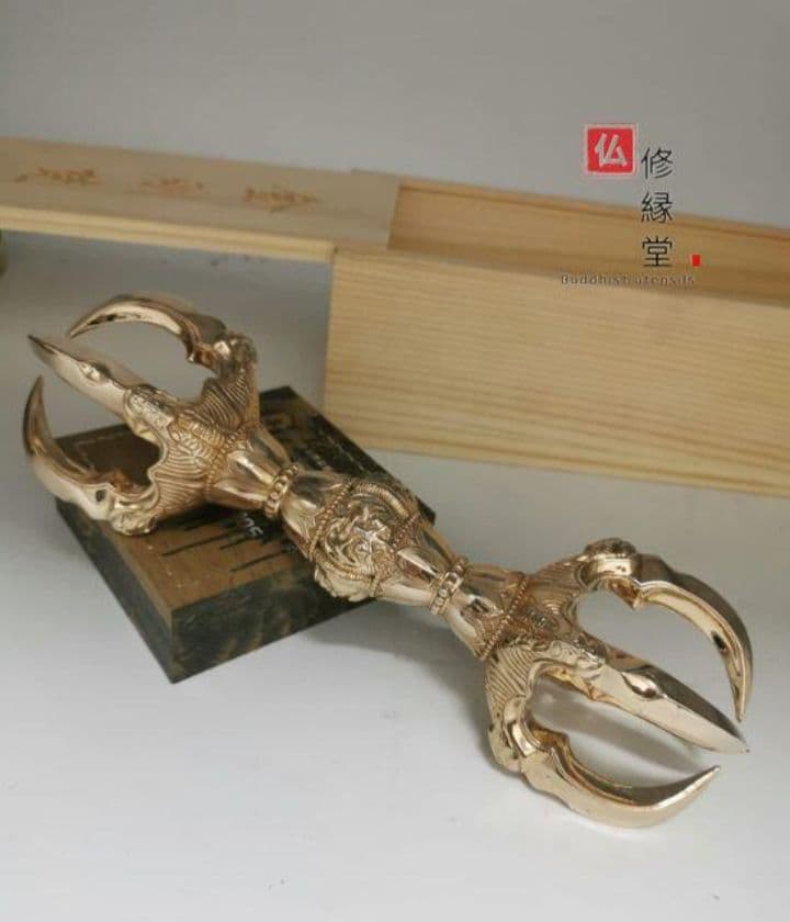 仏教法具 法器 真言宗 胎蔵界 鬼面五鈷杵 金剛杵 寺院用仏具 真鍮製 23cm