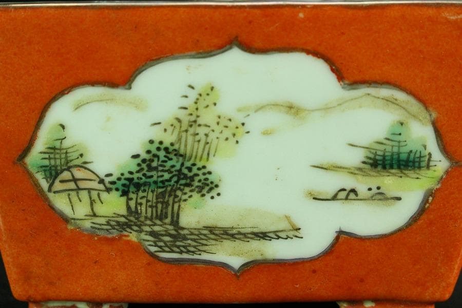 中国美術 色絵山水画 文房具 器 時代物(K-A865)