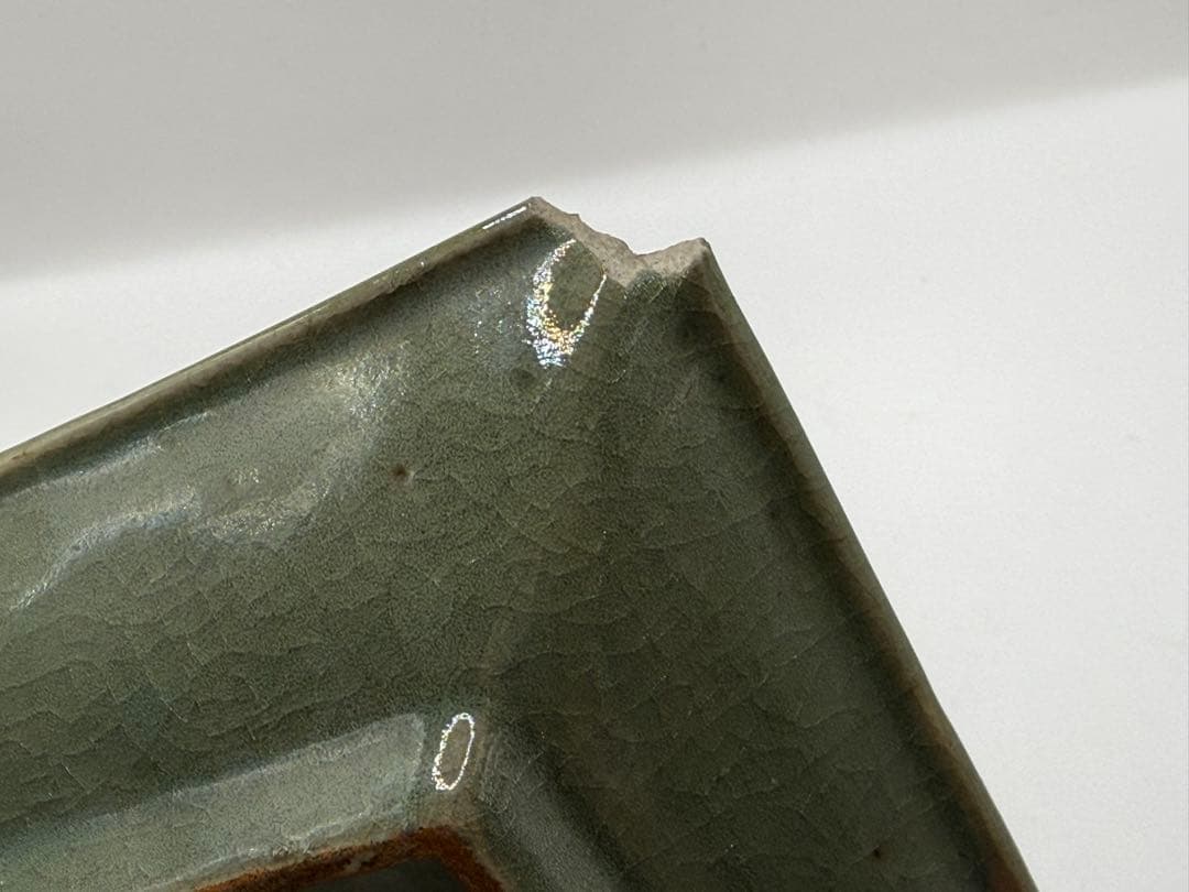 耀州窯青磁　蓮鷺紋角皿① 福如東海寿比南山　送料込み260120