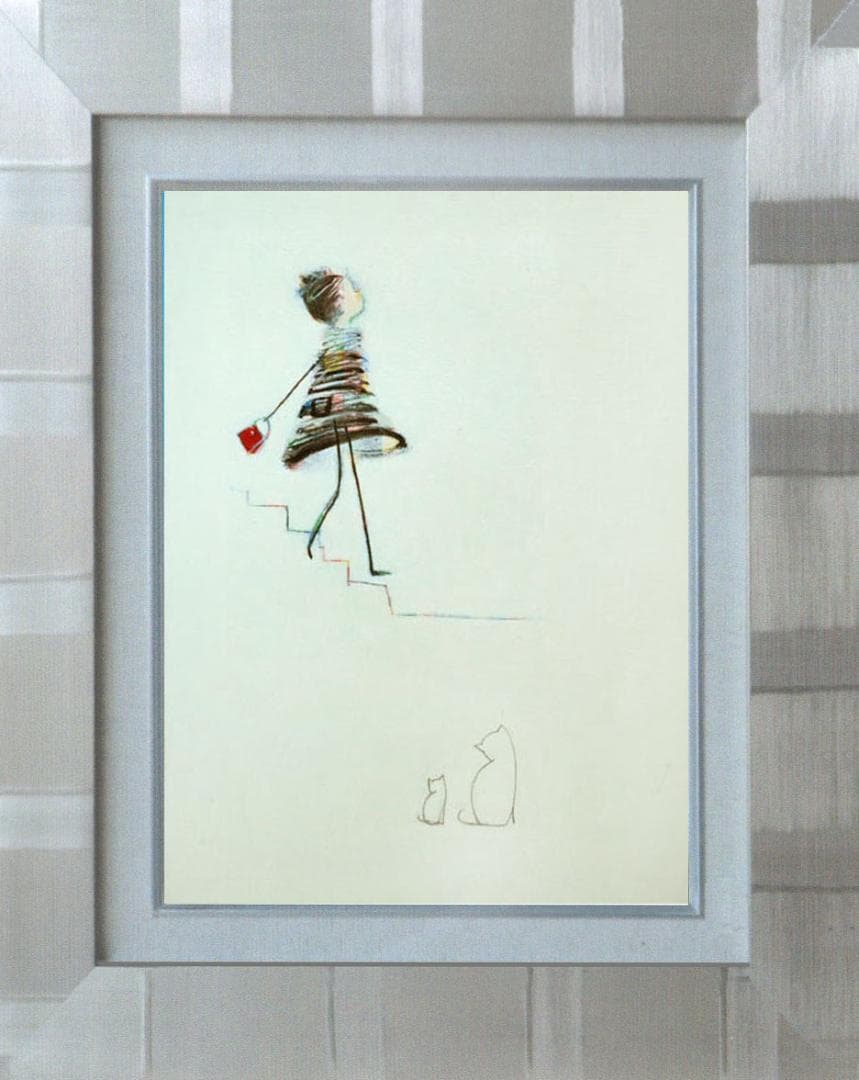 油絵 菅家令子 絵 絵画インテリア額付(黒) F4-040214 白猫親子女の子