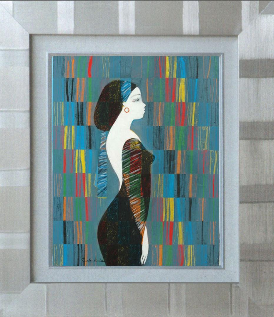 油絵 菅家令子 絵 絵画インテリア額付(青緑＋金色の枠)uF6-030214女性