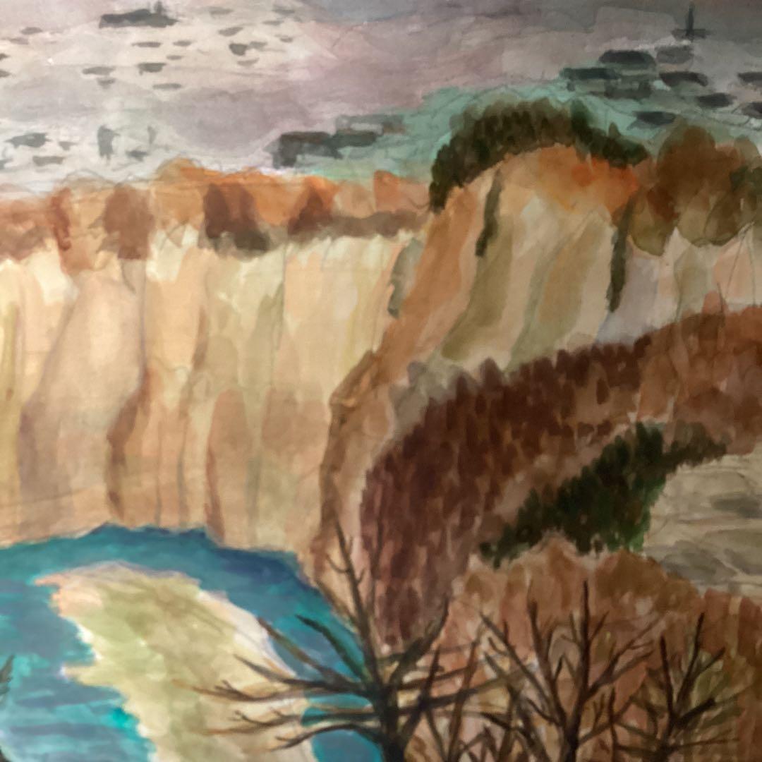 水彩画【風景】　　山下清　肉筆　　落款印譜在　　木枠額装ガラス無　　模写