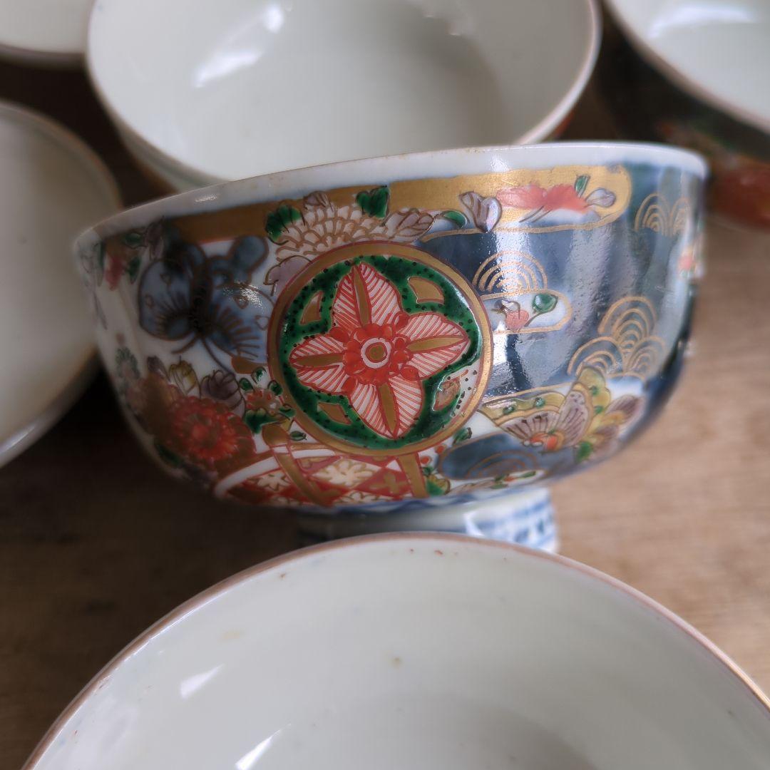 骨董 古伊万里 染錦 蓋茶碗 茶碗 煮物碗 色絵 アンティーク 5つ〜
