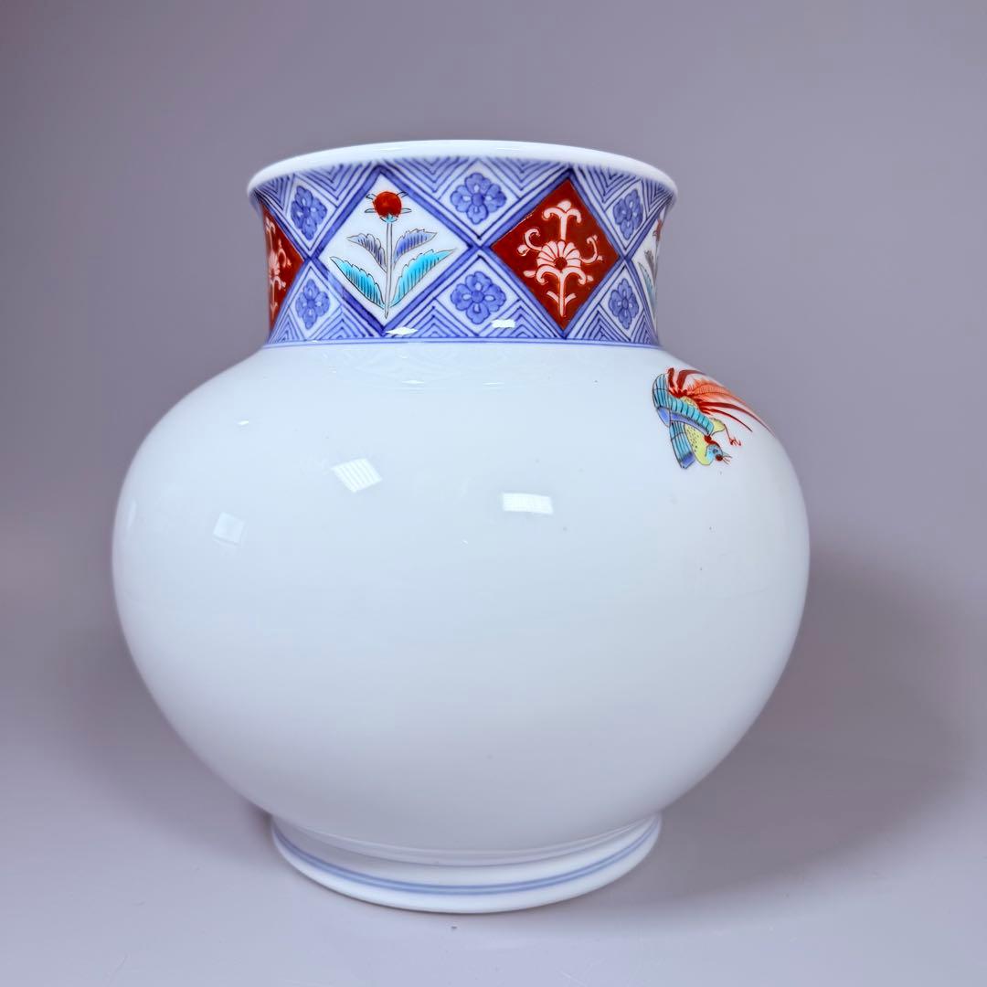 大正～昭和初期　柿右衛門　染錦柳小鳥絵丸胴型花器　共箱　渦福　小畑秀吉