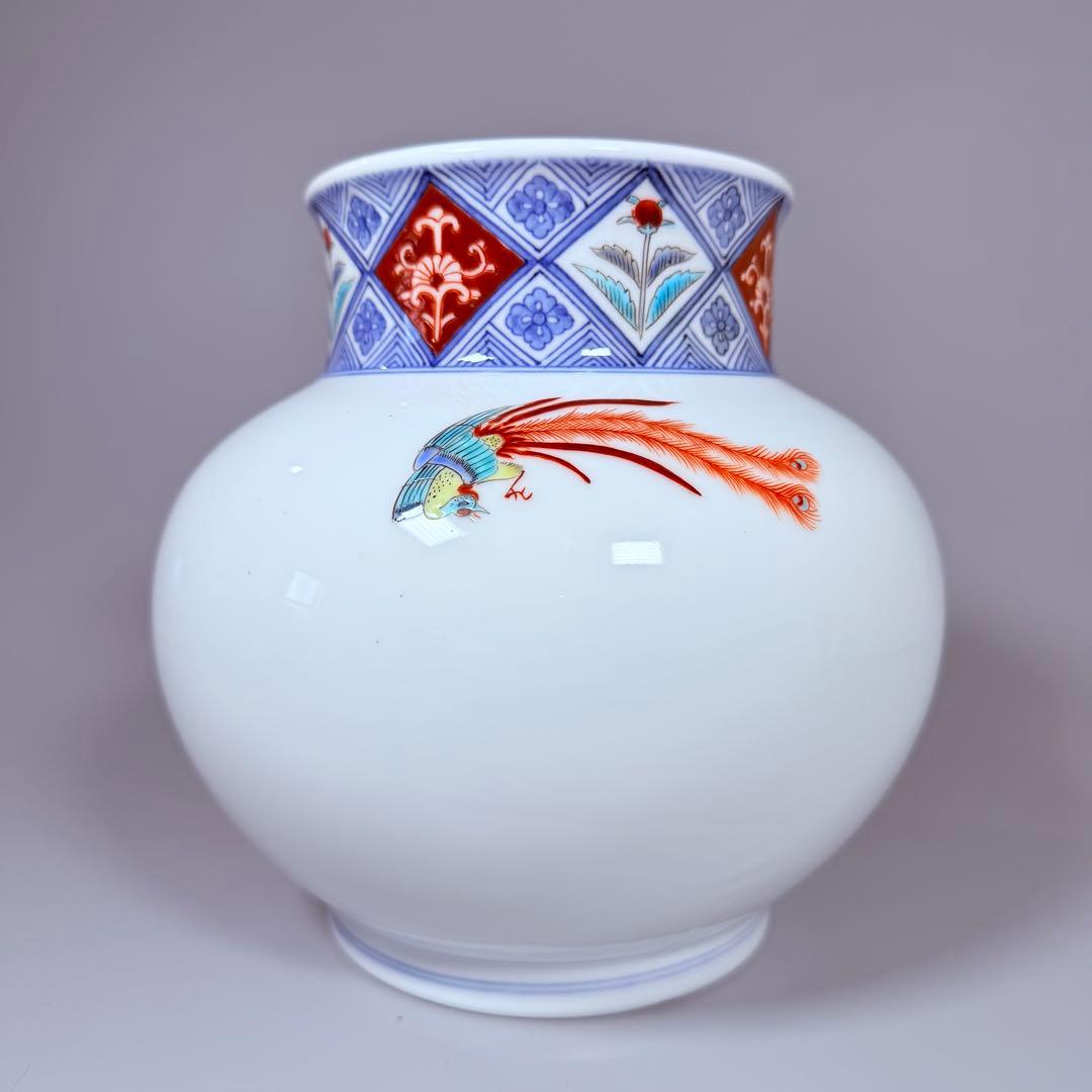 大正～昭和初期　柿右衛門　染錦柳小鳥絵丸胴型花器　共箱　渦福　小畑秀吉