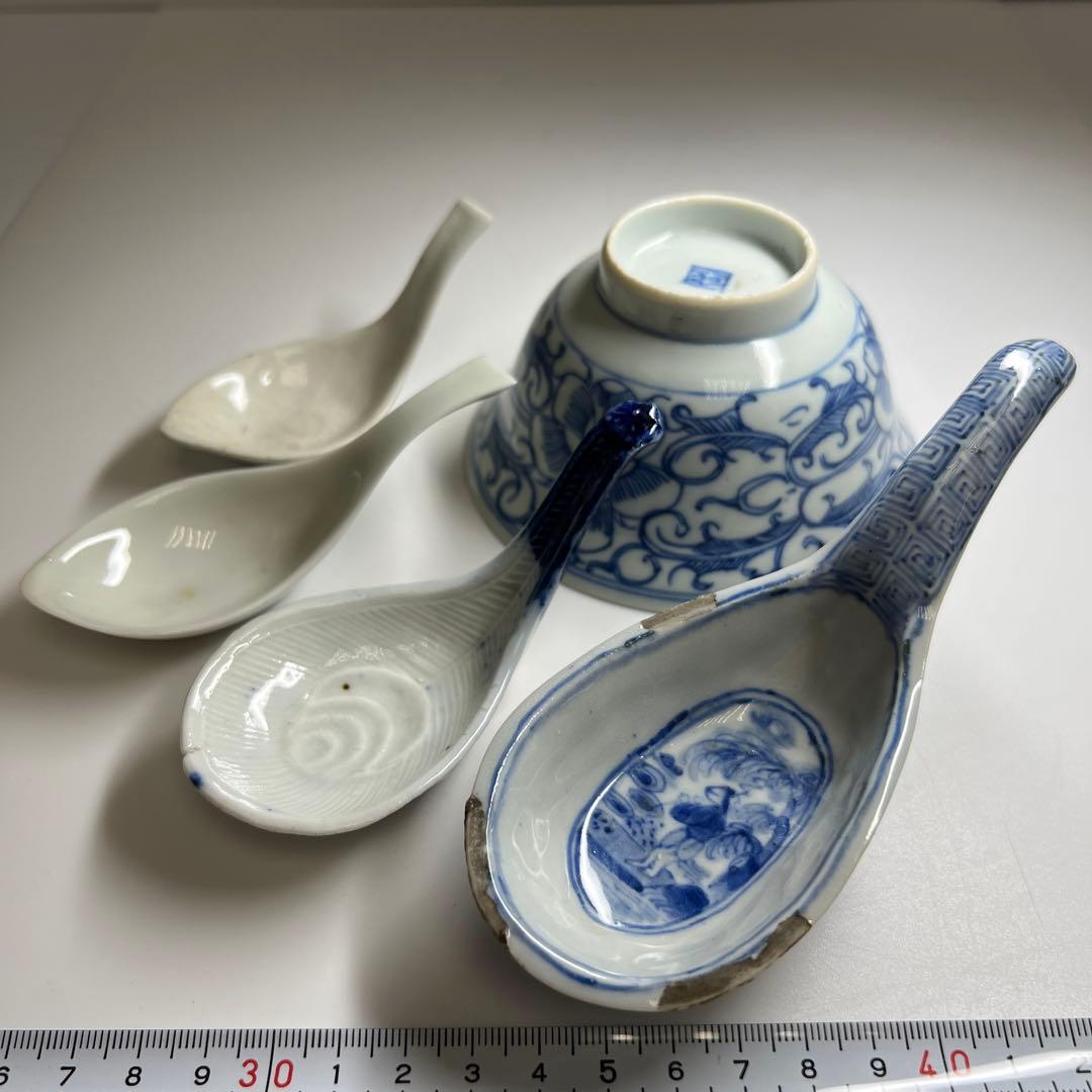 中国清朝時代　古染付レンゲ、鉢5客　東Y7-1022☆2Fタニチ