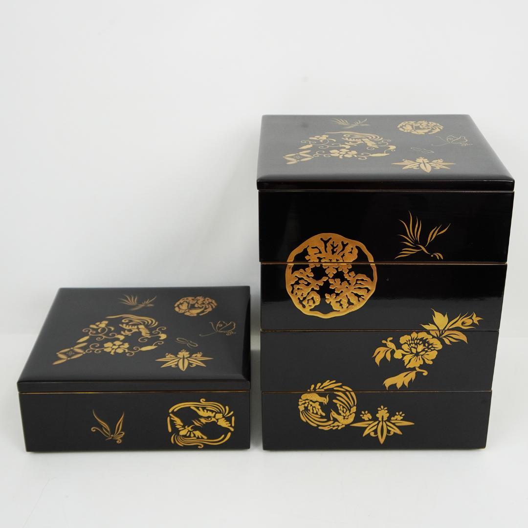 漆 蒔絵 重箱 五段 蓋2枚付き 松竹梅 縁起物 収納箱 付属 黒