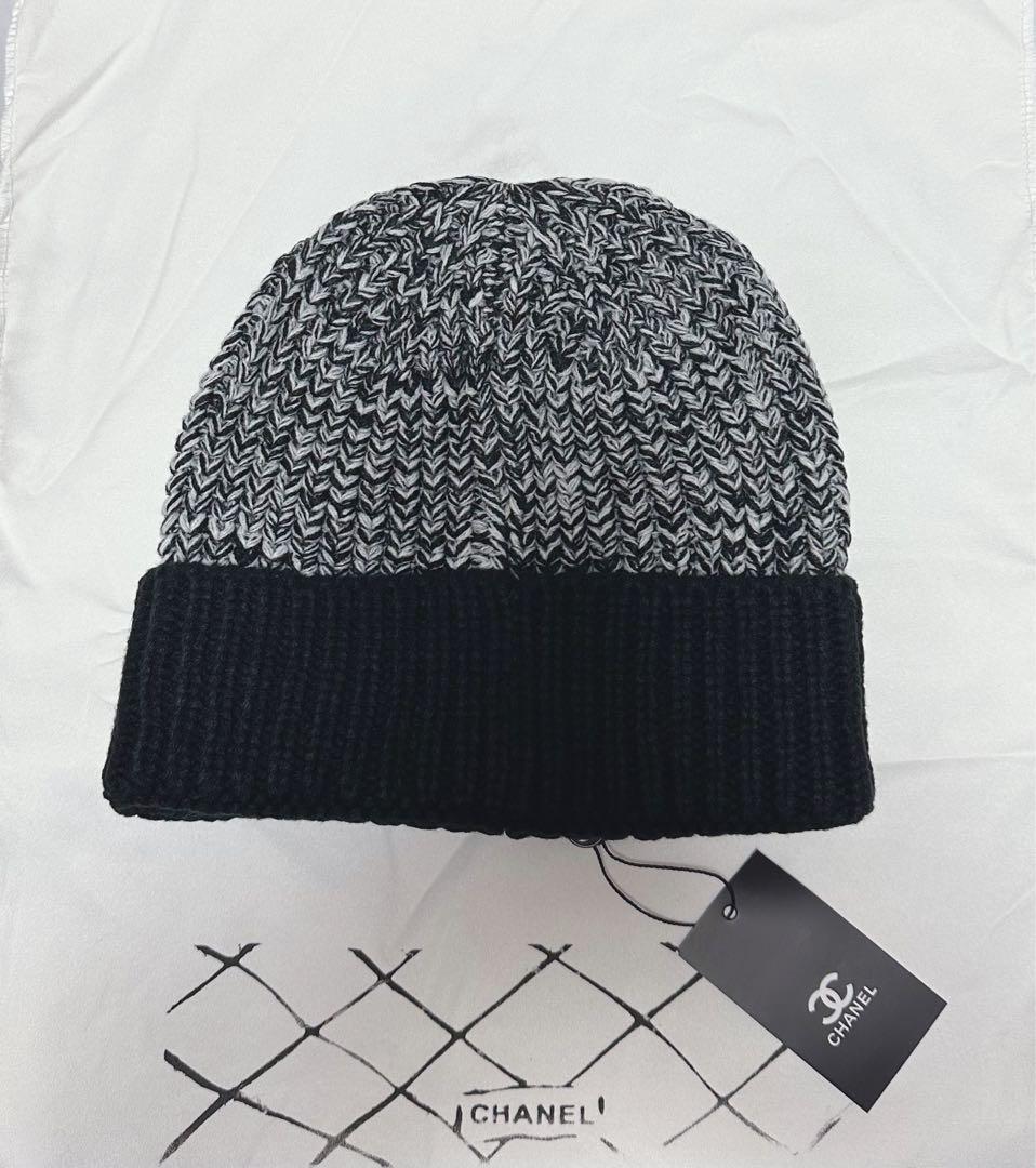 CHANEL リブ編みビーニー ブラック/グレー新品