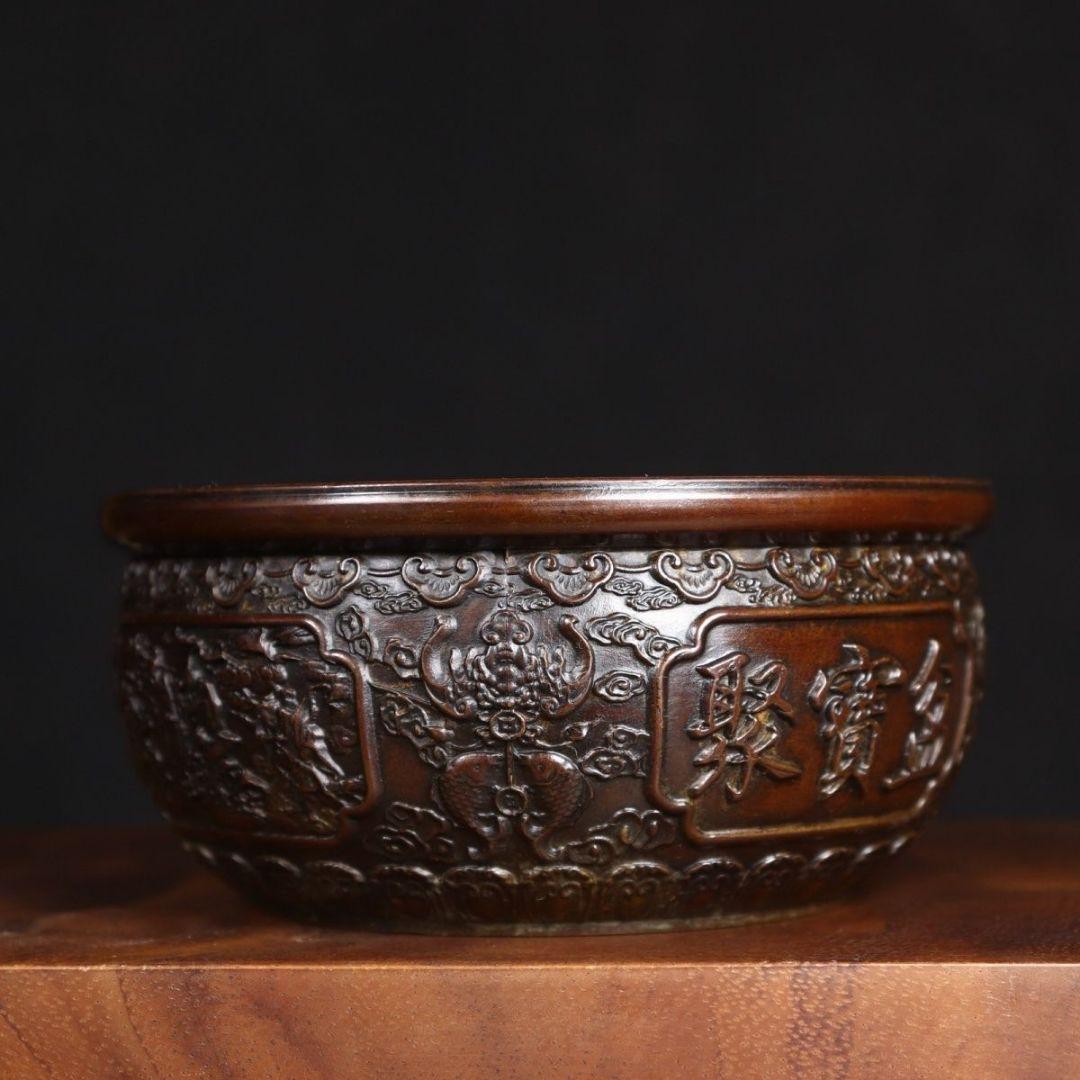 銅 細工 彫刻 乾坤聚宝盆 福禄寿喜 双魚紋飾 工芸品 美術品 置物