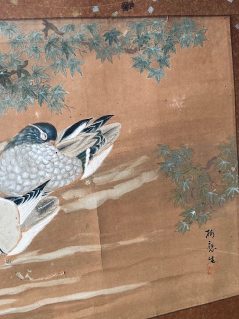 詳細不明 古い 扁額 鴛鴦（おしどり）つがい図 直筆 在銘随筆家江戸時代後期？