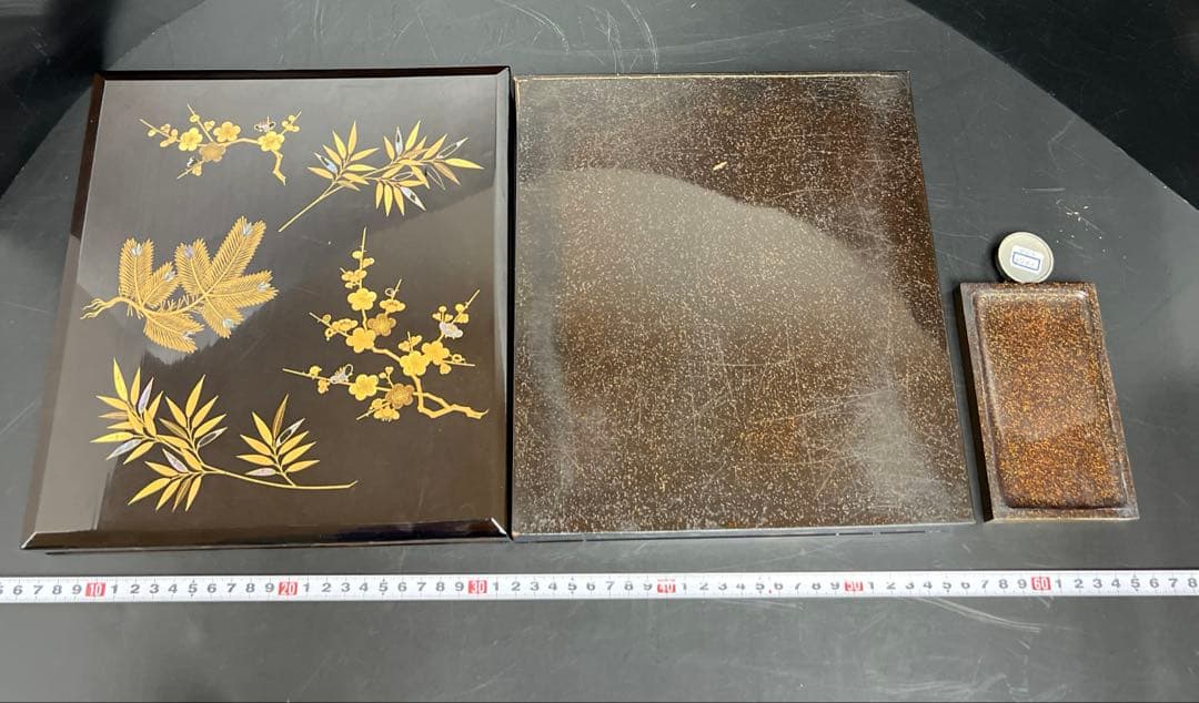 時代　木製　上手蒔絵内梨地硯箱　木箱付　東Y7-1126☆2Fトコヒカ