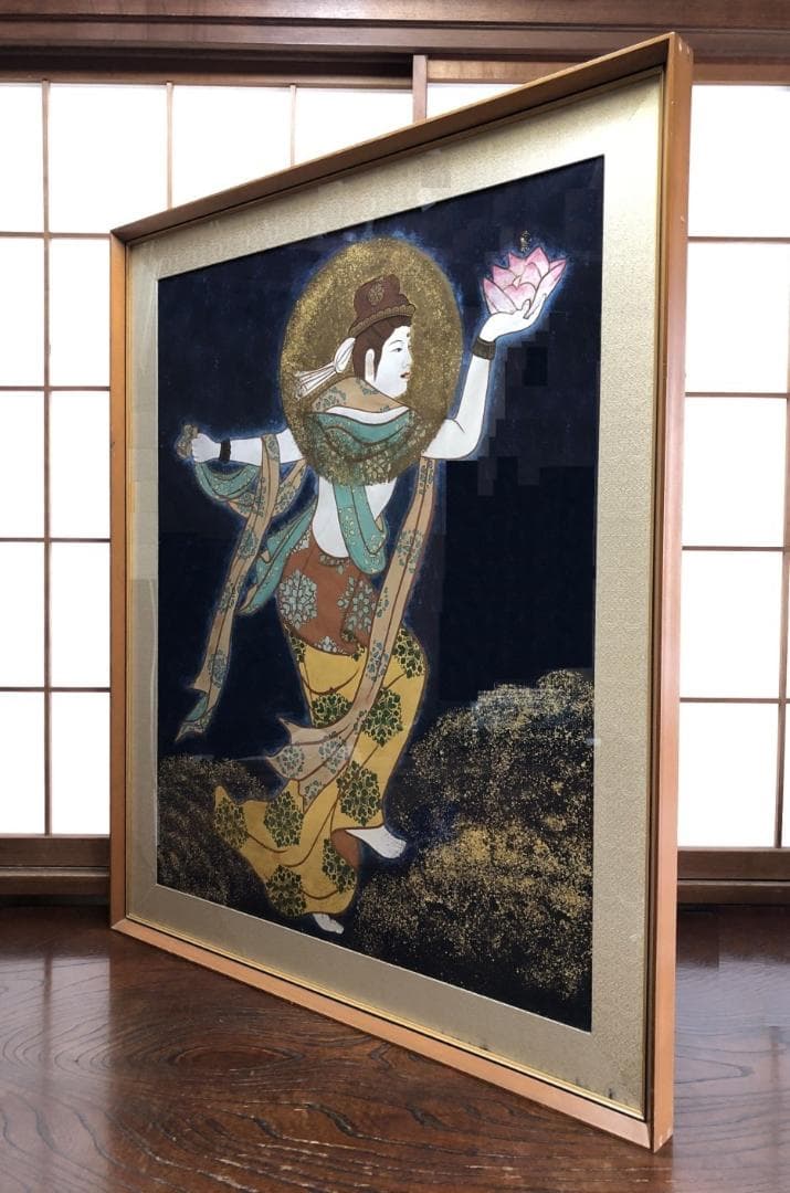 【 月光菩薩・観音図 】　肉筆　大型仏画額　109×92ｃｍ　日本画