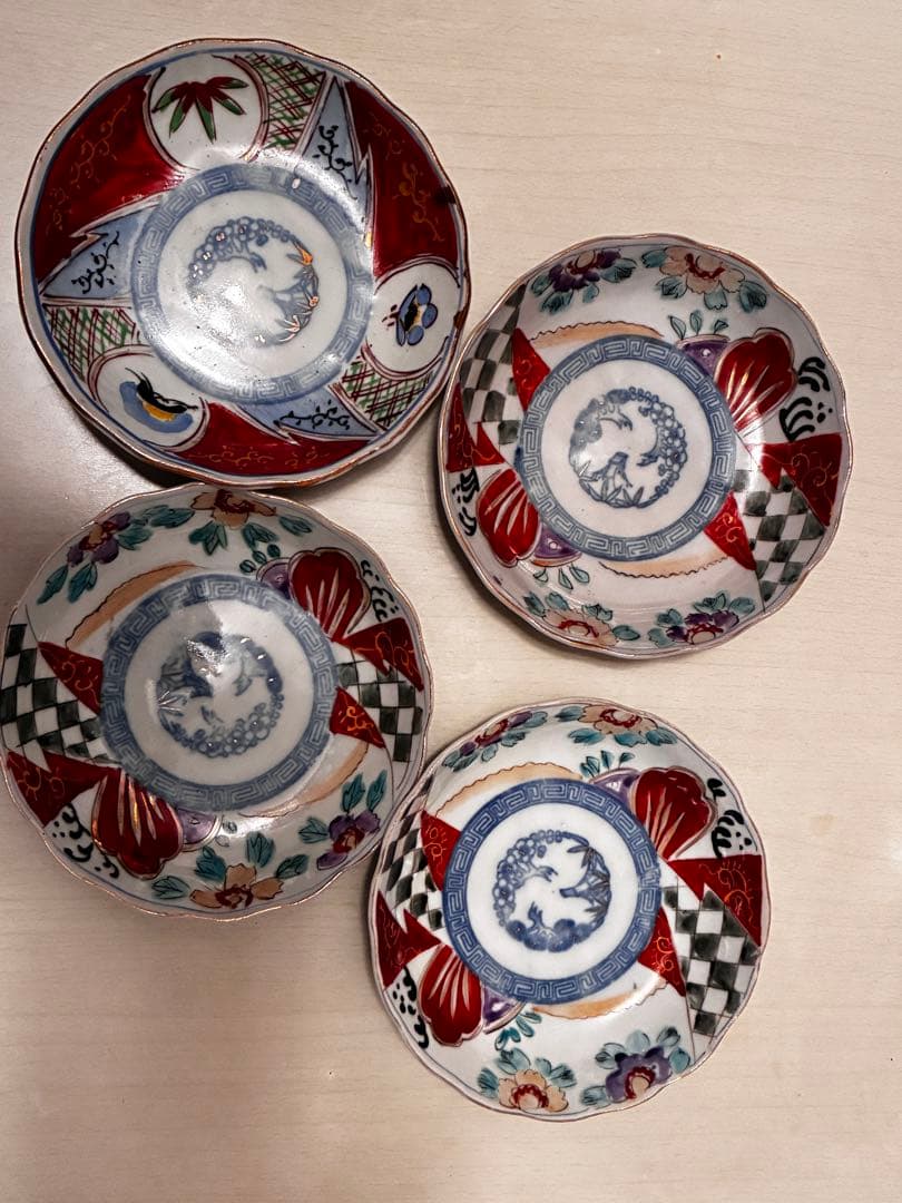 古伊万里なます皿　江戸時代 色絵金彩 膾皿　 輪花　美品4枚セット
