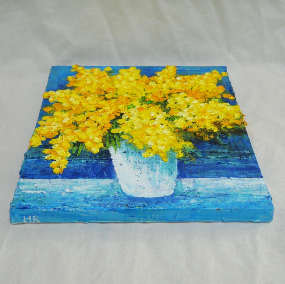 油絵 油彩 油彩画 絵 絵画 【青い背景のミモザ】