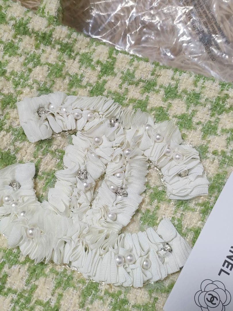 CHANEL 黄緑 シフォン ツイード　トートバッグ　レース