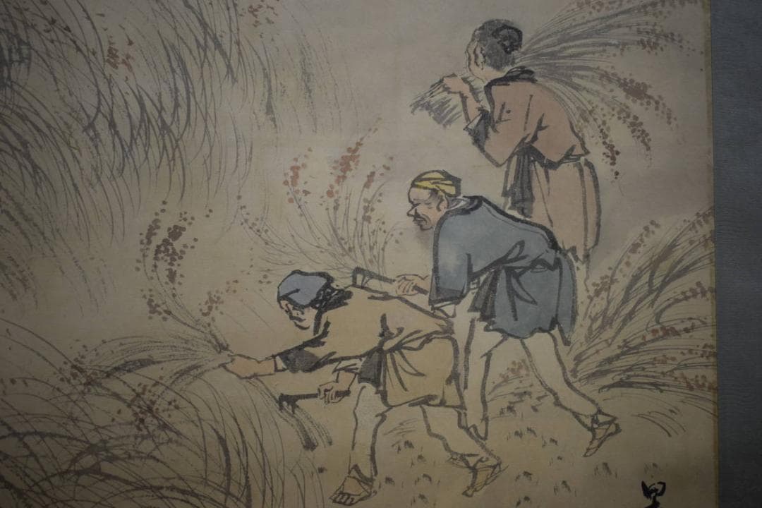 真作/景文/人物収穫図/農耕図/布袋屋掛軸HI-57