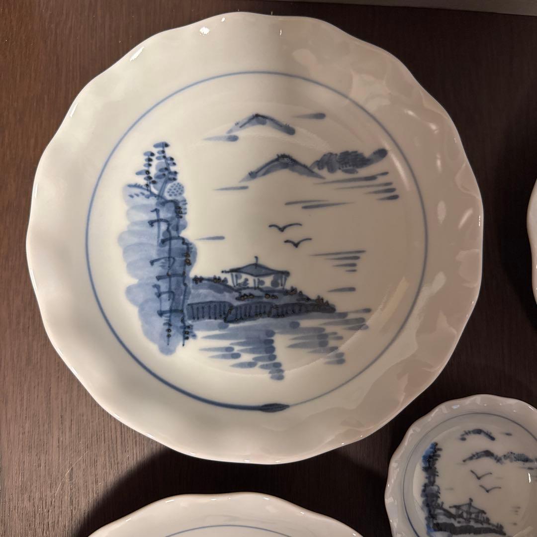 橘吉　青い風景画の陶器皿5個　セット　箱付き