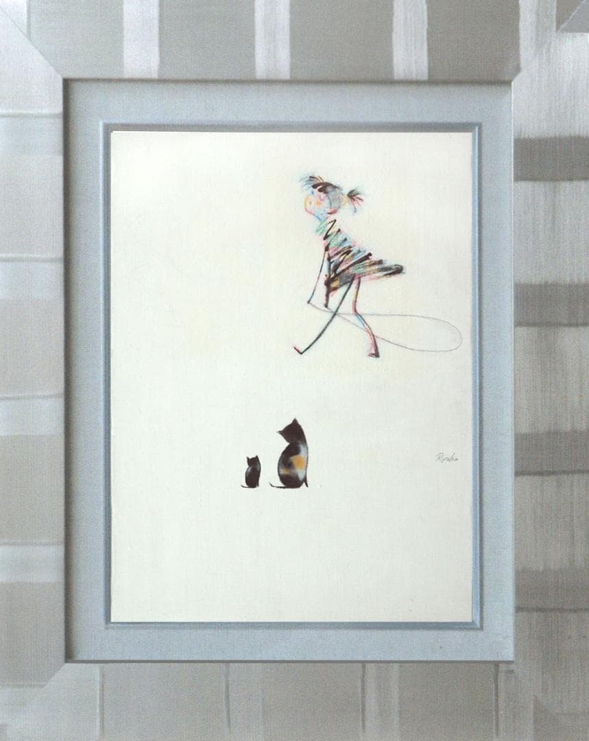 油絵 菅家令子 絵 絵画インテリア額付(黒) F4-030319 猫親子と女の子