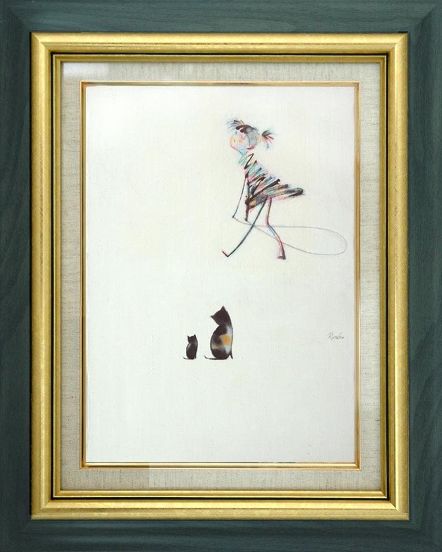 油絵 菅家令子 絵 絵画インテリア額付(黒) F4-030319 猫親子と女の子